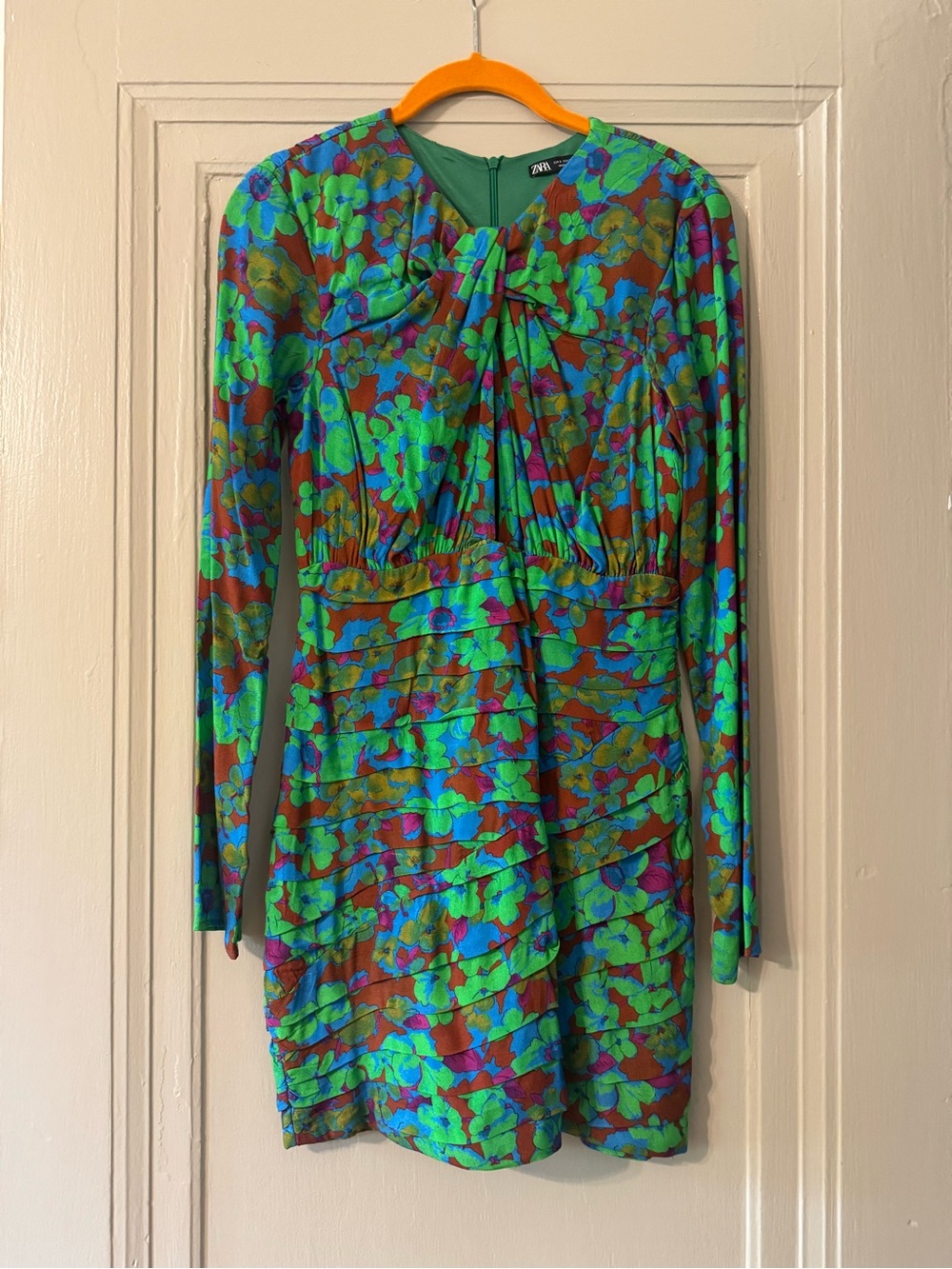 Zara Green and Blue Floral Long-Sleeve Dress